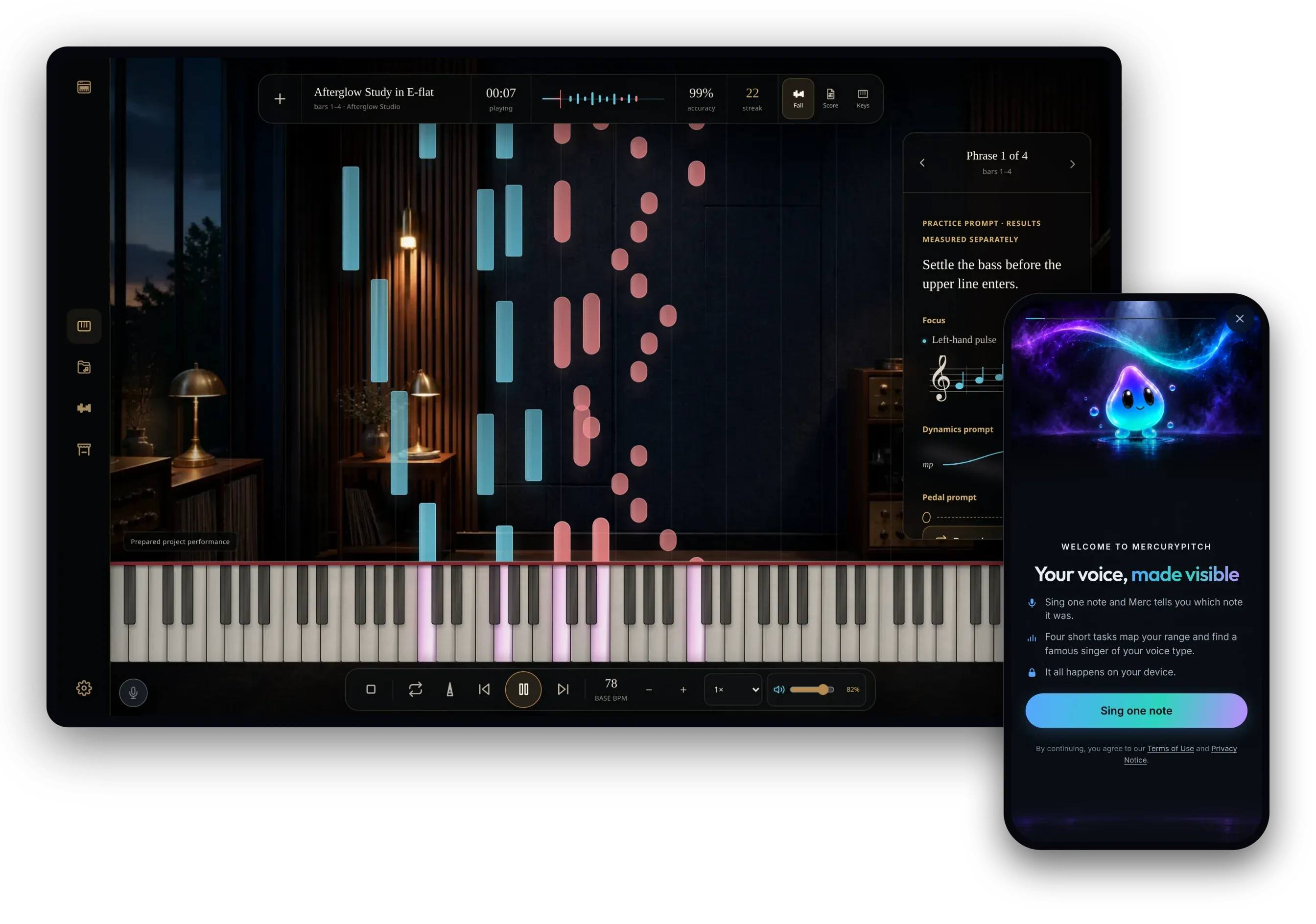 MercuryPitch on a big screen and a phone: Piano Night, notes falling onto a lit keyboard, and First Light, asking for one sung note.