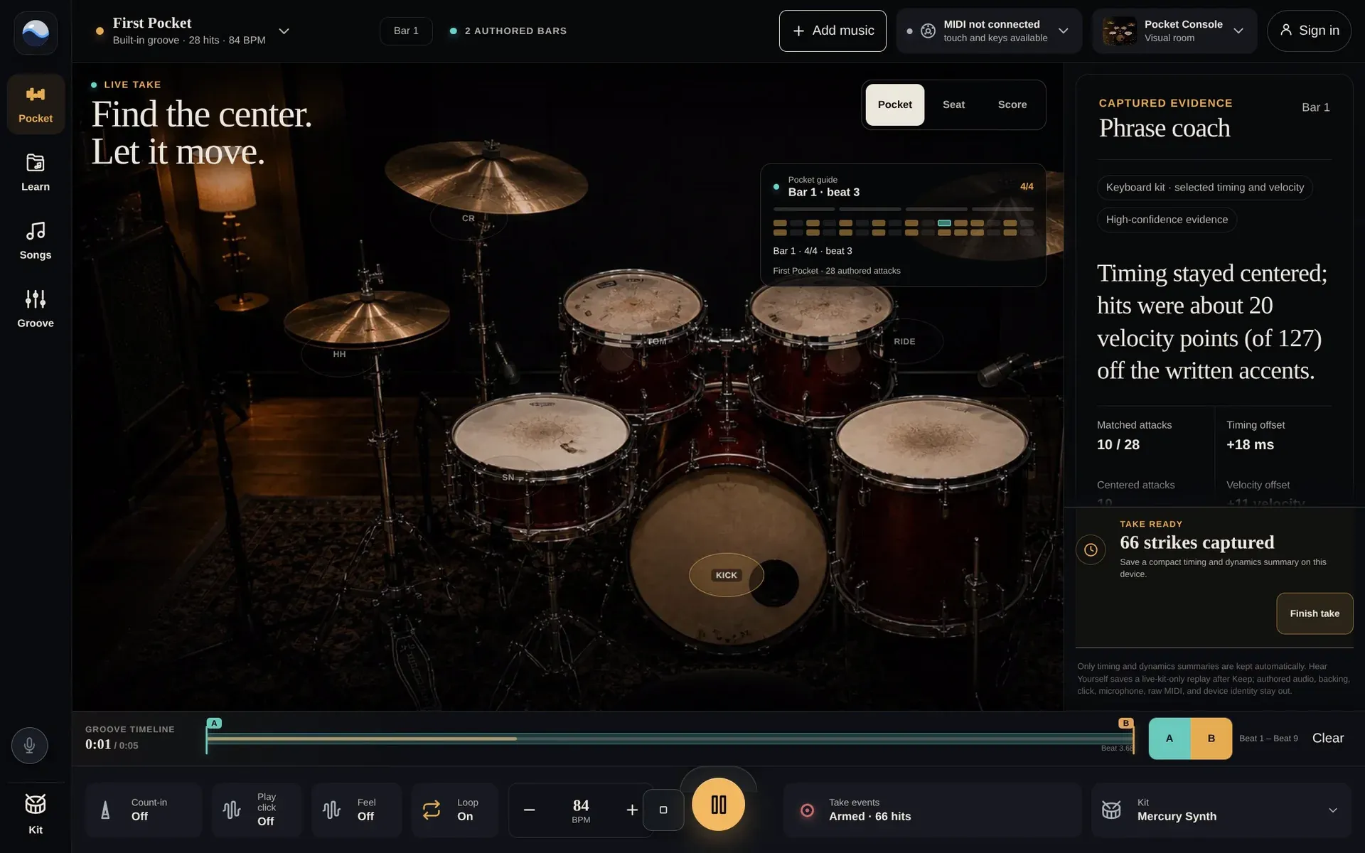 Drum Night in the Pocket Console: First Pocket plays at 84 BPM in the Pocket view, hit zones glowing over a photographed kit under "Find the center. Let it move.", then in the Score view, a playhead running along two bars of percussion notation, with the phrase coach beside both.