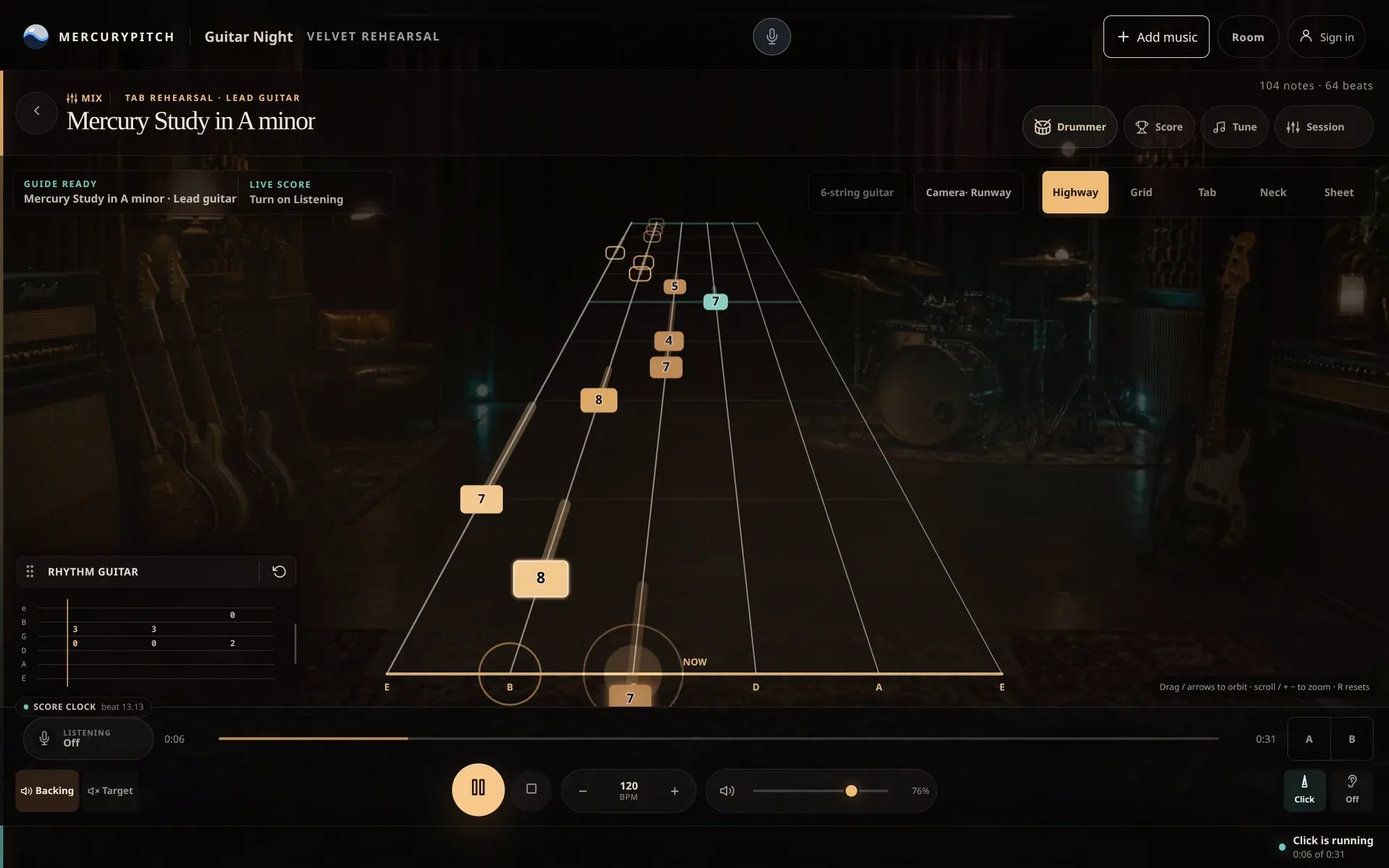 Guitar Night in the Velvet Rehearsal room: fret numbers ride a six-string highway down to the hit line while the Mercury Study in A minor plays at 120 BPM, Listening off.