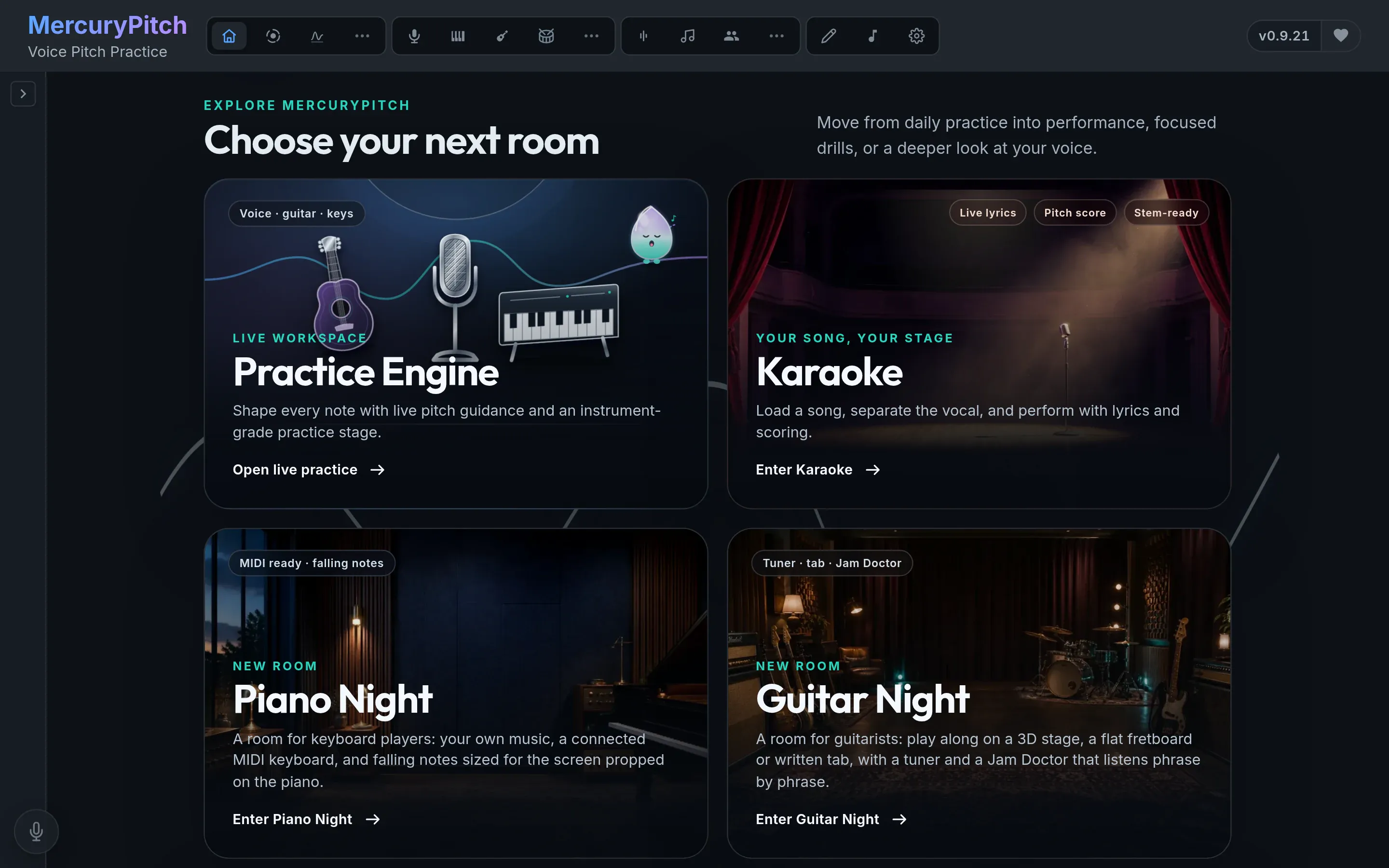 The "Choose your next room" gallery on Home: covers for Practice Engine and Karaoke, then Piano Night and Guitar Night.