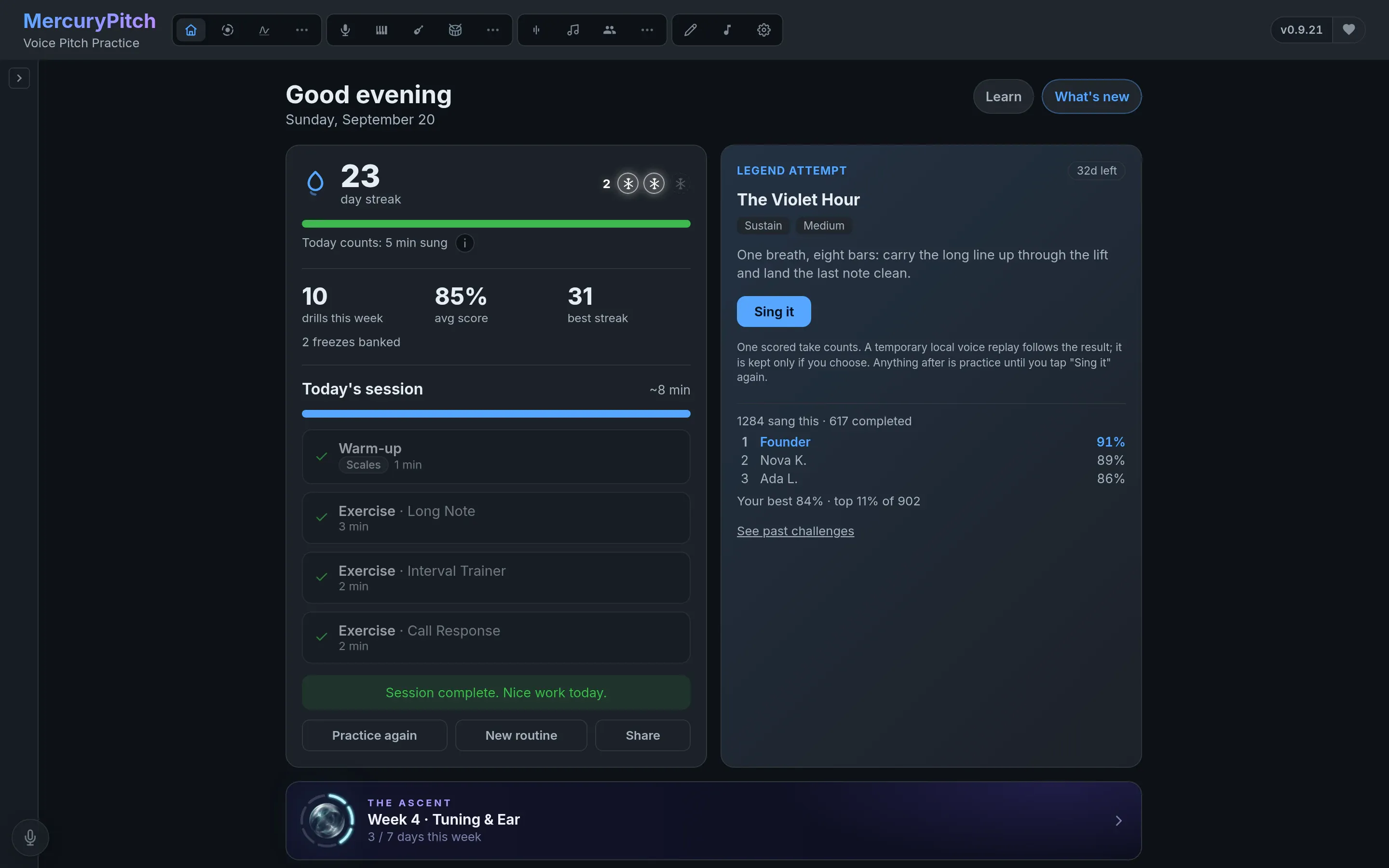 Home: a 23-day streak, today’s session complete, and the Legend Attempt card for The Violet Hour with 32 days left and its board.