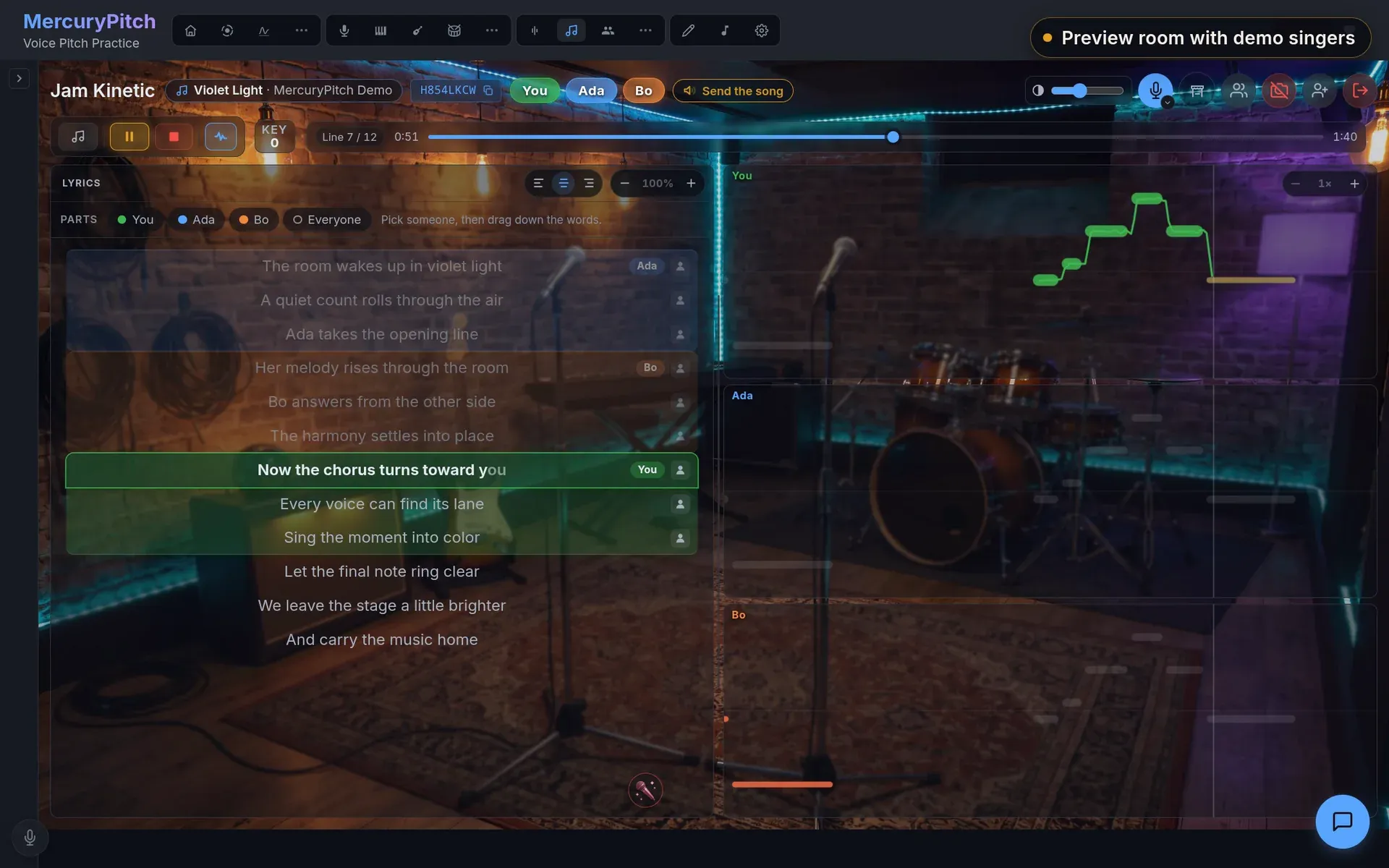 A Jam preview room singing Violet Light in a brick-walled rehearsal room: lines split between Ada, Bo and you, line 7 of 12 lit for you with your pitch tracing it in green, the room’s Key chip at 0 beside the transport, labeled "Preview room with demo singers".