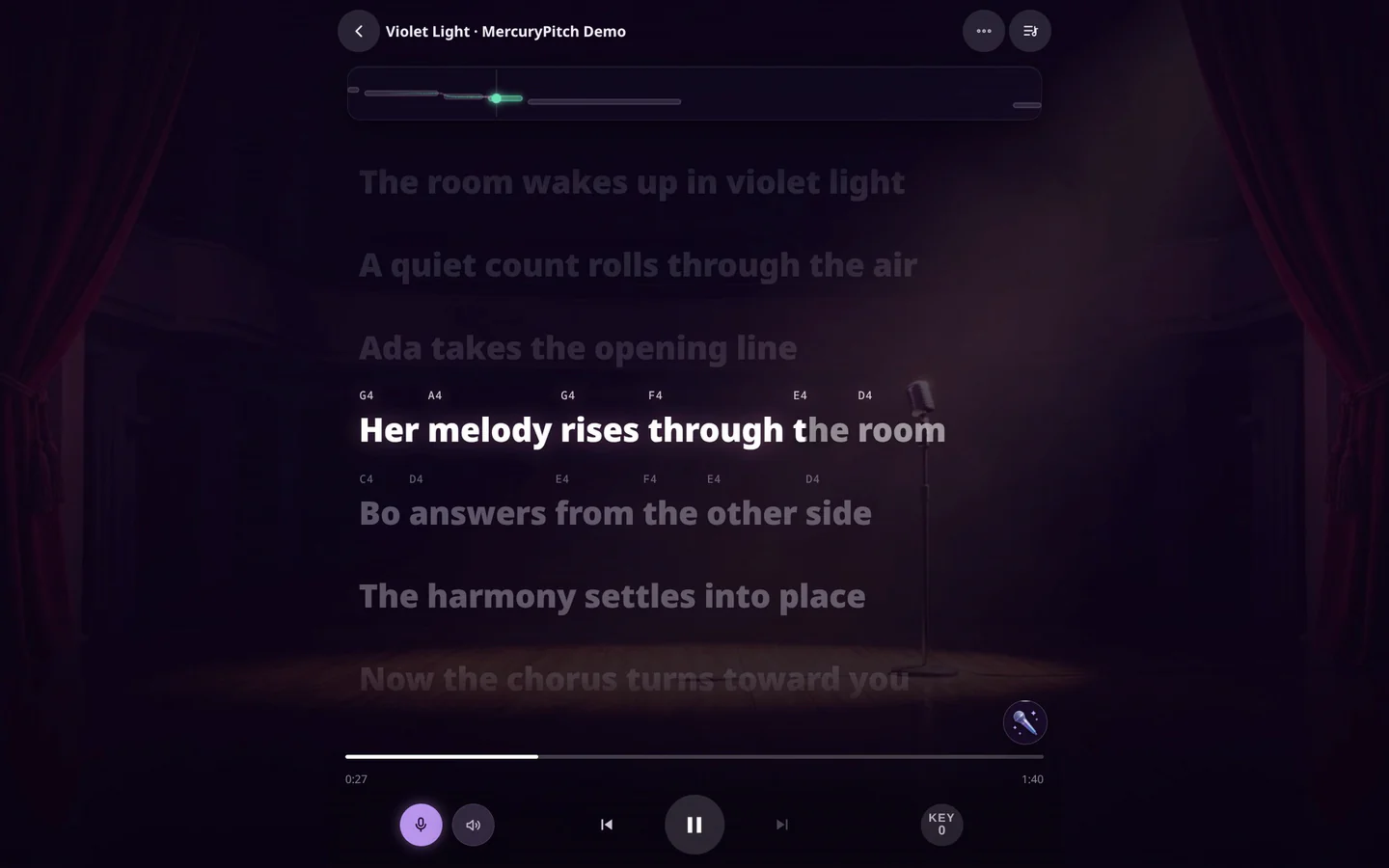 Karaoke Night in Zen view: the line "Her melody rises through the room" lights up word by word on a theater stage, the note to sing above each word and the Key chip beside the transport.