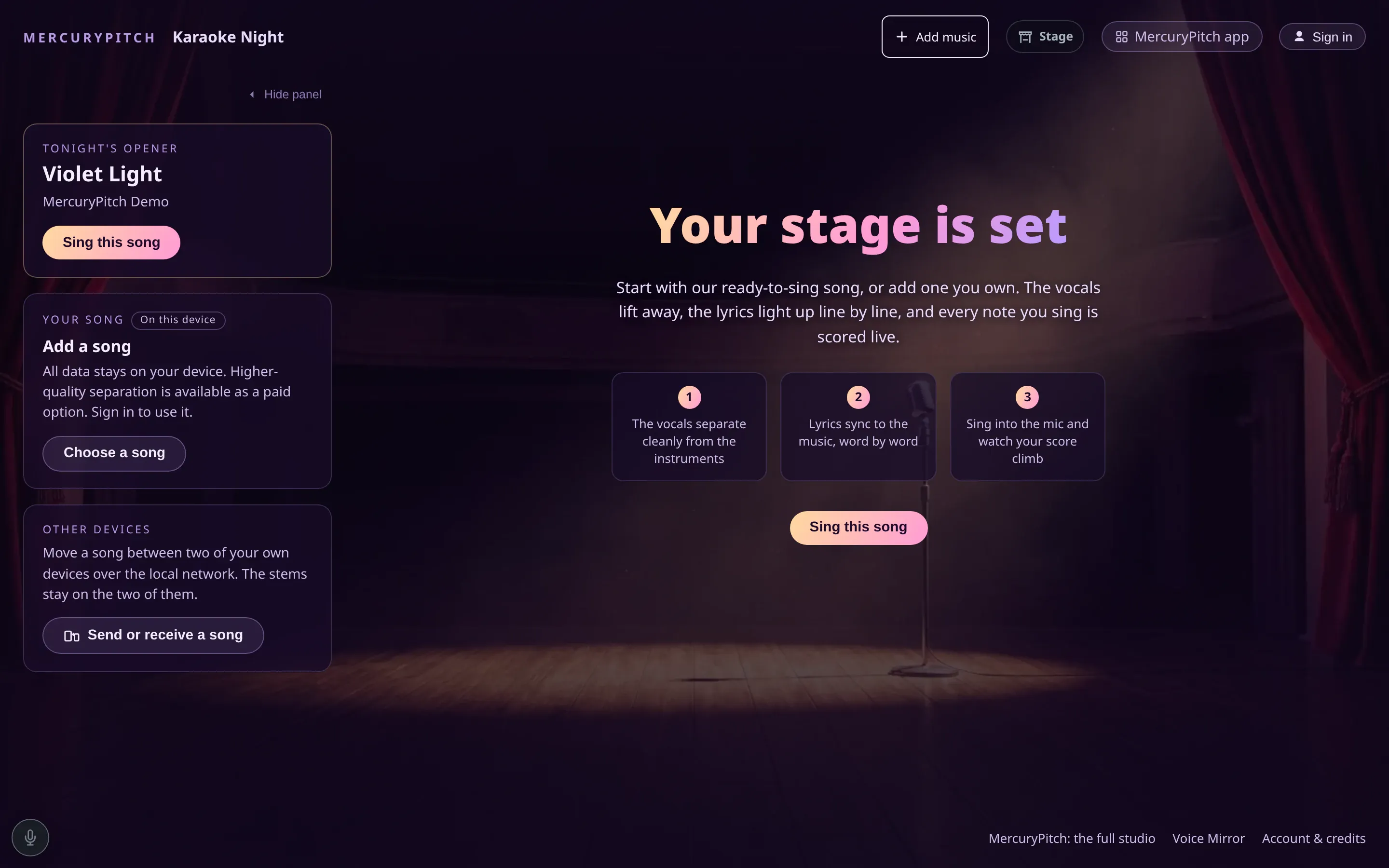 Karaoke Night: "Your stage is set" over a spotlit stage, Violet Light loaded as tonight’s opener, three numbered steps under the headline and a side panel to add a song.