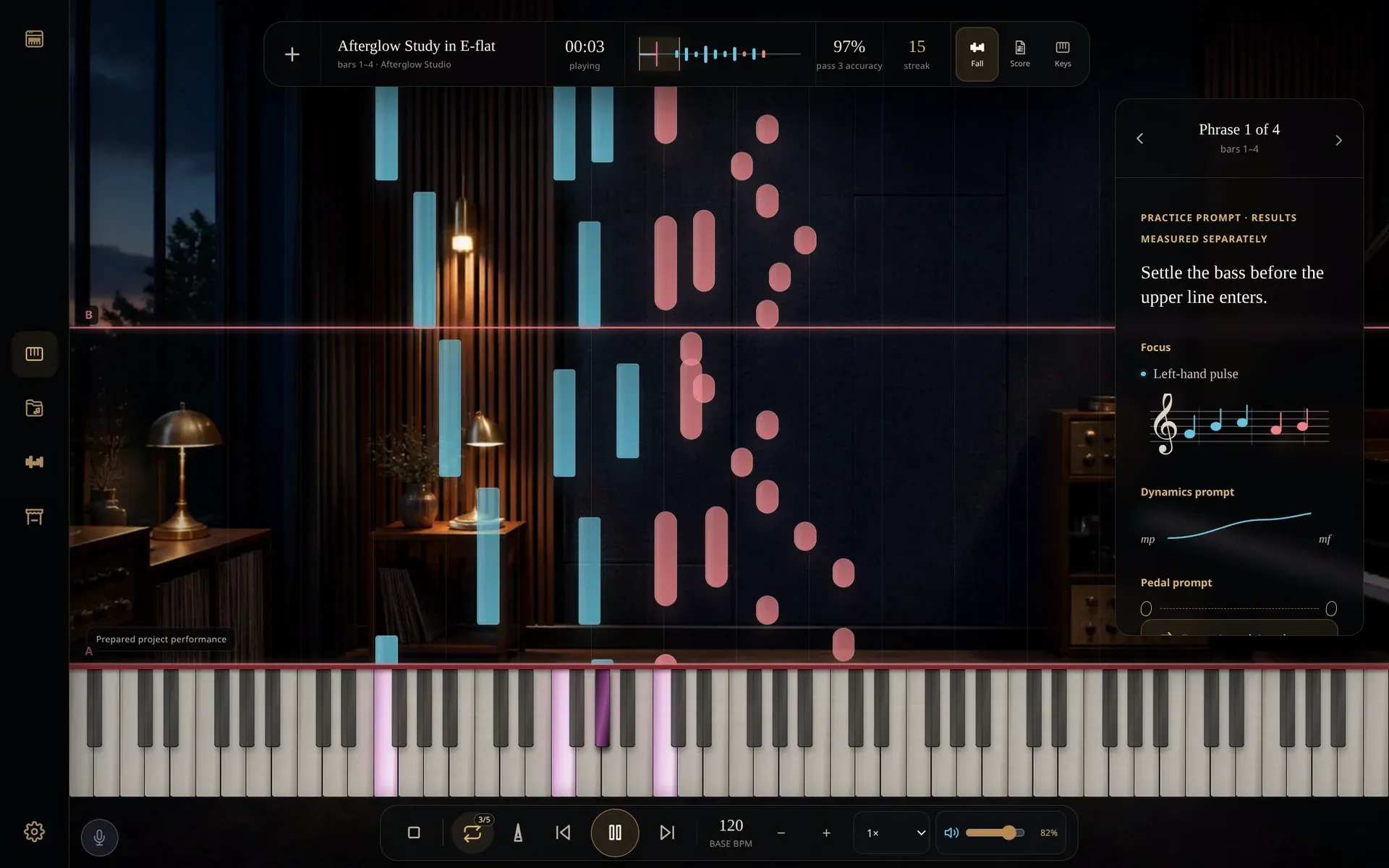 Piano Night in the Afterglow Studio: blue and pink notes fall onto a lit keyboard, and the phrase coach beside them asks to settle the bass before the upper line enters.