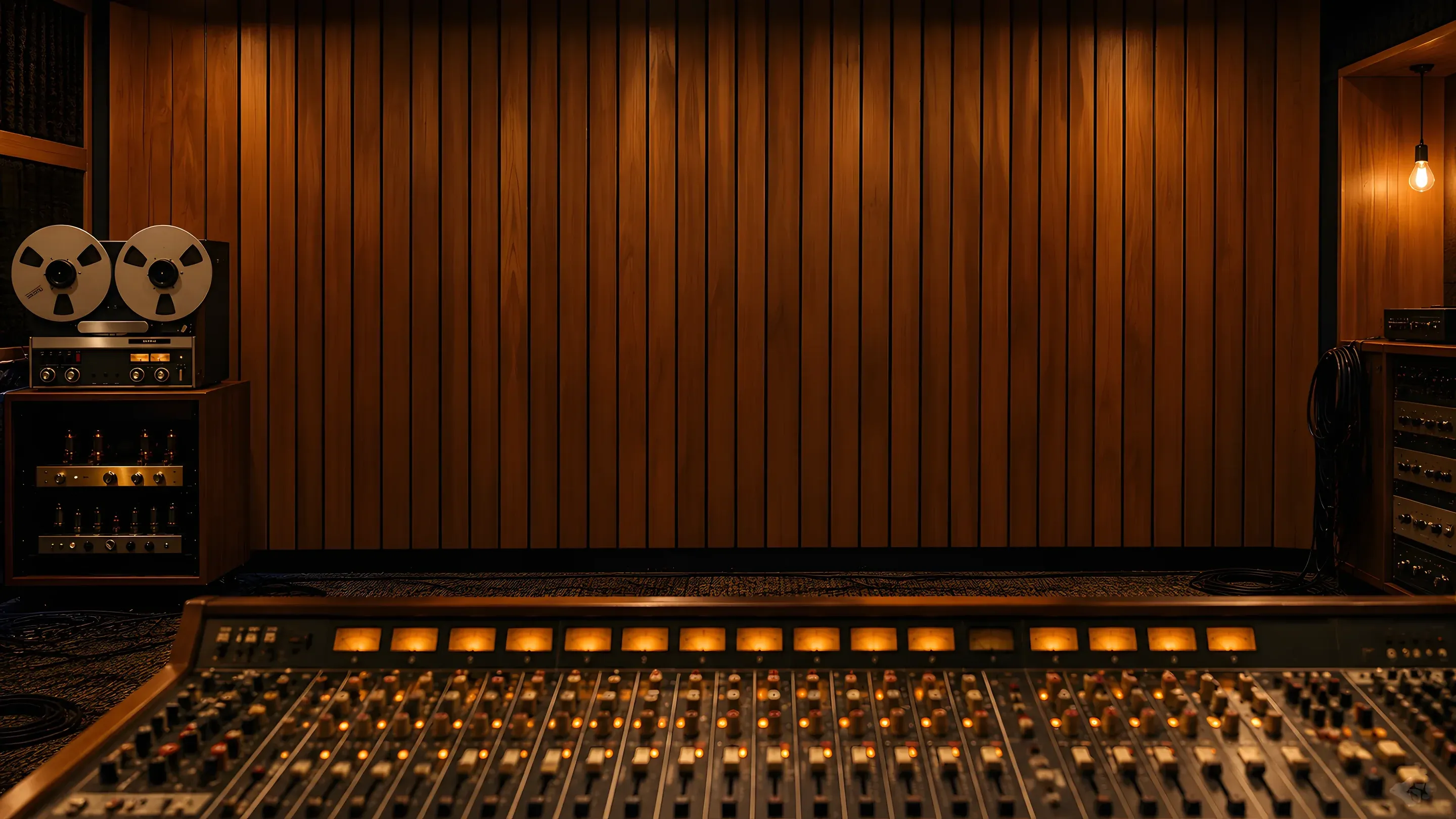 A retro analog studio with tape machines and a console.