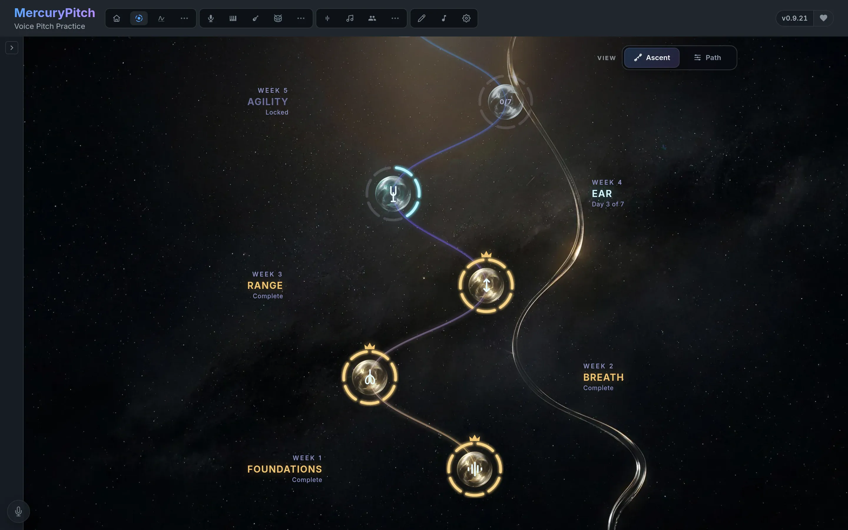 The Ascent: a guided path drawn as orbs climbing a night sky, three weeks lit and week four under way.