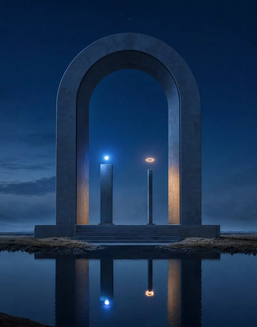 A stone arch at night standing in still water. Inside it, two pillars: one crowned by a blue light, the other by a warm ring of light.